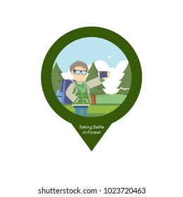Traveller Taking Selfie In Forest Pin Map