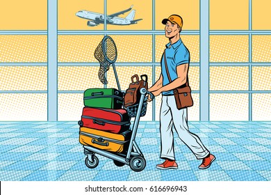 traveller, tourist with Luggage at the airport. Pop art retro vector illustration