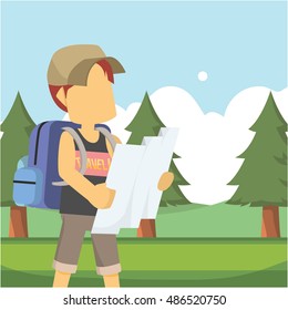 traveller using map in forest