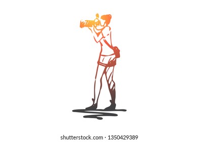 Traveller, woman, camera, tourist concept. Hand drawn female tourist with camera concept sketch. Isolated vector illustration.