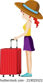 A traveller woman standing with her luggage on white background illustration