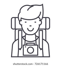 traveller,active tourist with camera and backpack vector line icon, sign, illustration on background, editable strokes