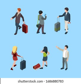 Travellers isometric. Family couples with luggage tourists with baggage vector people in various poses