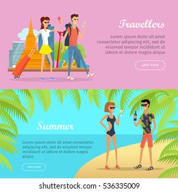 Travellers and summer poster banner. People on vacation in Thailand with mobile devices. Couple with luggage going on rest. Couple drinking tasty cocktail beverages. Vector illustration