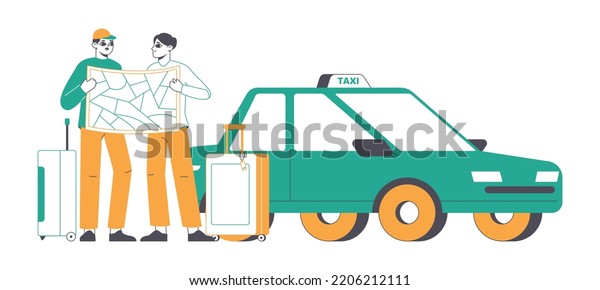 Travellers tourists with\
map take taxi, traveling people. Flat characters on vacation,\
outline tourists with suitcases flat vector illustrations set.\
Linear tourist\
characters