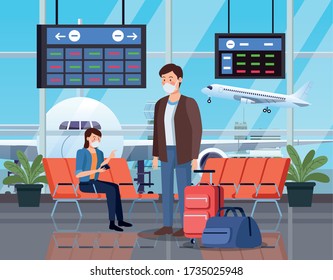 travellers using a medical mask in an airport vector illustration design 