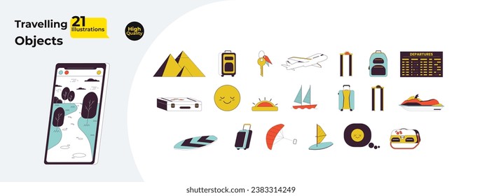 Travelling 2D linear cartoon objects bundle. Leisure activities, tourist baggage isolated line vector elements white background. Flight plane, water sports color flat spot illustration collection