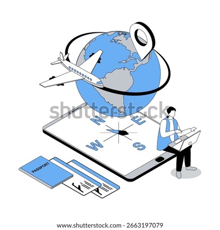 Travelling 3d isometric concept with isometry people design for web. Man planning summer trip, using globe and compass for routes, booking flight tickets online with passport. Vector illustration