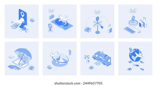 Travelling 3d isometric concept set with isometric icons design for web. Collection of online tickets booking, passenger flight transportation, resort tour, summer trip location. Vector illustration