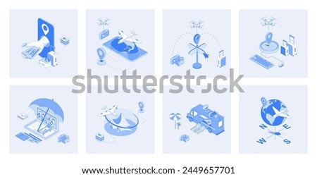Travelling 3d isometric concept set with isometric icons design for web. Collection of online tickets booking, passenger flight transportation, resort tour, summer trip location. Vector illustration