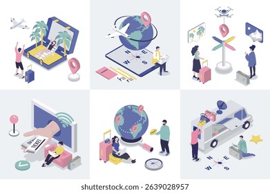 Travelling 3d isometry concept for web design. Collection set with isometric people booking flight tickets online, global tourism, car vacation, summer trip to sea beach resort. Vector illustration.