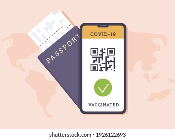 Travelling abroad for vacation with Covid Vaccine Passport. Concept of Coronavirus Jab Online Certificate. Status Vaccinated on mobile phone app with qr code. Worldwide health campaign. Vector flat.