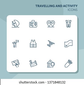 Travelling and activity icons. Set of line icons on white background. Suit case, map, route, hotel. Trip concept. Vector illustration can be used for topics like hiking, active lifestyle, tourism