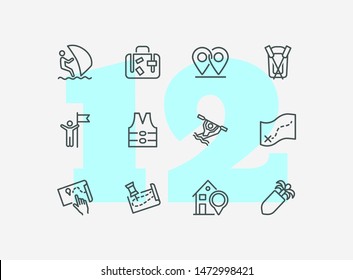 Travelling And Activity Icons. Set Of Line Icons On White Background. Suit Case, Map, Route, Hotel. Trip Concept. Vector Illustration Can Be Used For Topics Like Hiking, Active Lifestyle, Tourism