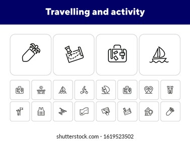 Travelling and activity icons. Set of line icons on white background. Suit case, map, route, hotel. Trip concept. Vector illustration can be used for topics like hiking, active lifestyle, tourism