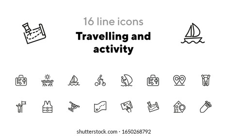 Travelling and activity icons. Set of line icons on white background. Suit case, map, route, hotel. Trip concept. Vector illustration can be used for topics like hiking, active lifestyle, tourism
