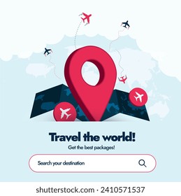 Travelling agency promotion banner. Travel the world banner and social media post, get the best packages. World tour advertising banner with location icon and airplane icons. Travel company banner