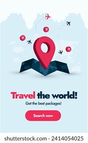Travelling agency promotion banner. Travel the world banner and social media post, get the best packages. World tour advertising banner with location icon, silhouette world map, Travel company concept