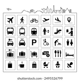 Travelling and airport transport icons set. The outline icons are well scalable and editable. Contrasting vector elements are good for different backgrounds. EPS10.	