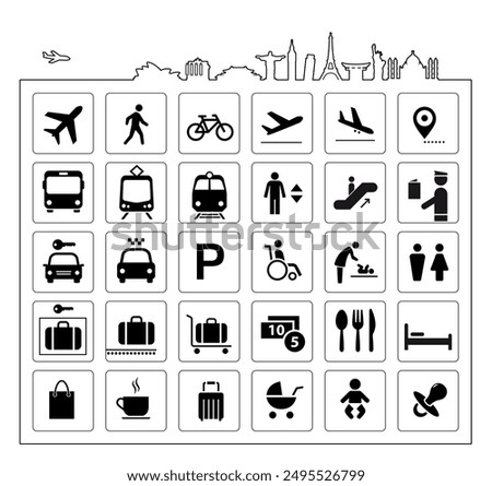 Travelling and airport transport icons set. The outline icons are well scalable and editable. Contrasting vector elements are good for different backgrounds. EPS10.	