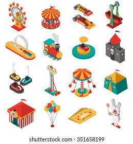  Travelling amusements park isometric icons collection with ferris observation wheel and circus tent abstract isolated vector illustration  