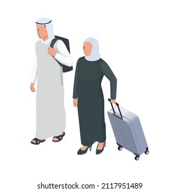 Travelling arab people in traditional clothing with backpack and suitcase isometric icon vector illustration