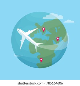 Travelling around the globe. Planet with map pointers.