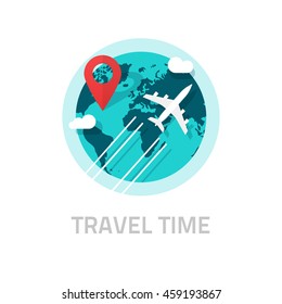 Travelling Around The World By Plane Vector Illustration, Tourism Day Logo, Travel And World Trip Logo Idea, Flat Earth Globe With Airplane Flying And Location Map Pin Pointer Journey Destination