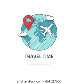 Travelling around the world by plane concept, travel and world trip logo, flat earth globe with airplane flying, location map pin pointer journey, vector isolated on white, line outline style