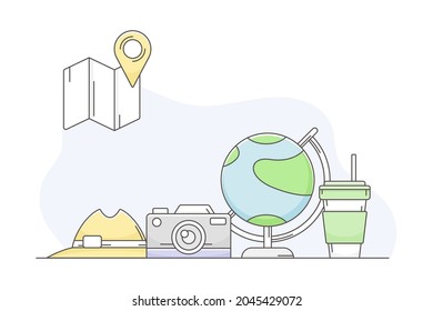 Travelling Around the World and Journey to Foreign Country for Vacation with Globe, Map and Camera Line Vector Composition