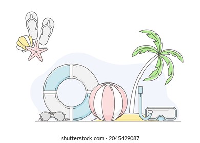 Travelling Around the World and Journey to Foreign Country for Vacation with Rubber Ring, Ball and Snorkeling Mask Line Vector Composition