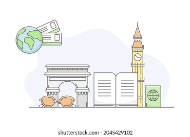 Travelling Around the World and Journey to Foreign Country for Vacation with Famous Landmark and Guide Book Line Vector Composition
