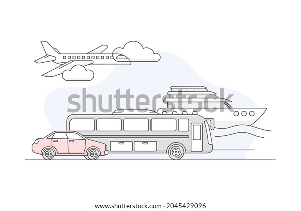 Travelling Around the World and Journey to\
Foreign Country for Vacation with Means of Travel Like Airplane and\
Cruise Ship Vector\
Composition