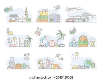 Travelling Around the World and Journey to Other Country for Vacation Line Vector Set