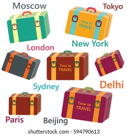 Travelling bag pattern with cities on the white background