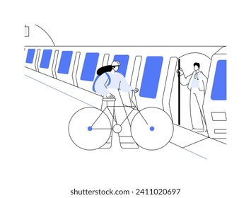 Travelling with a bike abstract concept vector illustration. Woman with bike enters the train, travelling time, urban transportation services, public transport platform abstract metaphor.