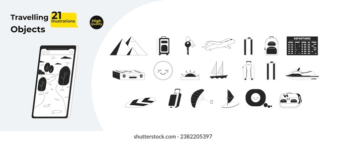 Travelling black and white 2D line cartoon objects bundle. Leisure, baggage isolated vector outline items collection. Flight plane, water sports monochromatic flat spot illustration collection