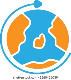 Travelling blue and orange solid icon Around the World - Aviation, Travel by Airplane Concept - World Map and Transparent Earth .