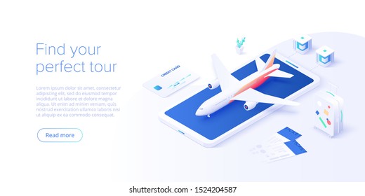 Travelling by air concept in isometric vector illustration. Around the world flight tour or trip. Cheap airline tickets searching and booking service Website layout or web banner template.