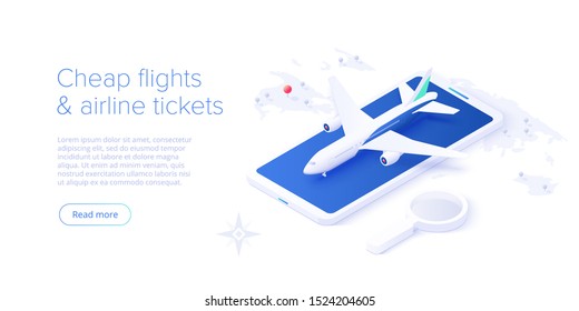 Travelling by air concept in isometric vector illustration. Around the world flight tour or trip. Cheap airline tickets searching and booking service Website layout or web banner template.