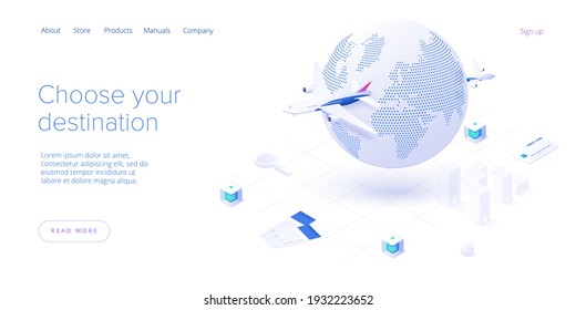 Travelling by air concept in isometric vector illustration. Around the world flight tour or trip. Cheap airline tickets searching and booking service. Website layout or web banner template.