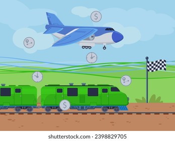 Travelling by airplane versus travelling by train vector illustration. Low-cost airlines, high-speed trains, competition. Means of transport, transportation concept