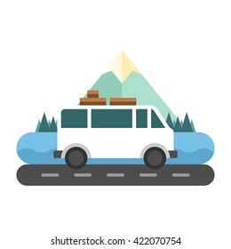 Travelling by a camper van, mountains and trees on background.  Flat vector illustration isolated on white background