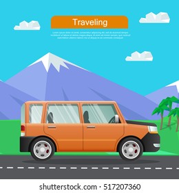 Travelling by car. Big orange auto on road near mountains. Speed mean of transportation on highway to huge hills. Green grass and growing palms with blue sky on background. Vector illustration