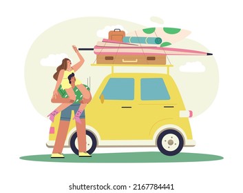 
Travelling By Car. A Girl And A Guy Are Loading Luggage, Suitcases, Bags, A Beach Umbrella On The Roof Of The Car. The Guy Put The Girl On His Shoulders. Car Rental. Summer Illustration. Flat Vector.