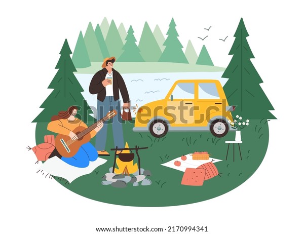 Travelling by car. The girl and the guy are resting\
outdoors in the forest. A young woman plays the guitar. A young man\
stands near the lake and drinks tea or coffee. Car rental. Flat\
vector. 