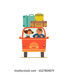 Travelling by car icon. Young happy travellers couple take a trip by minivan. Family go on microbus journey, summer vacation. Touring by auto. Cute fancy cartoon. Colorful humor vector illustration