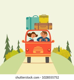 Travelling by car icon. Young happy travellers couple take a trip by minivan. Family go on microbus journey, summer vacation. Touring by auto. Cute fancy cartoon. Colorful humor vector illustration