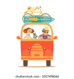 Travelling by car icon. Young happy travellers, dog pet take a trip by minivan. Family couple go on microbus journey. Summer vacation touring by auto. Cute cartoon. Colorful humor vector illustration