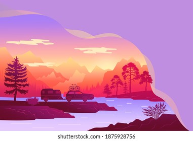 Travelling by car with travel trailer and bike on the roof in mountains. Time to travel. Travel by machine banner, poster template, colorful web page design. Car tourism. Road trip around the world